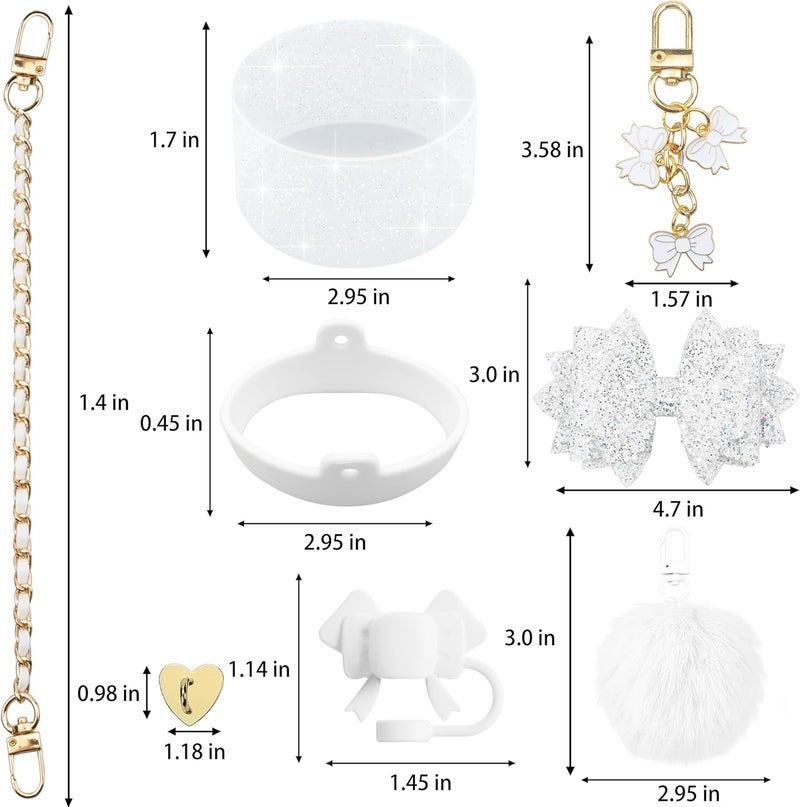 SEMATA Bling Accessories for Stanley Cup 40oz & 30oz Tumbler Including Silicone Cute Bow Straw Topper Cover, Silicone Boot for Stanley Cup,Leather Water Bottle Handle Strap, Charms(Pure White) - Image 3
